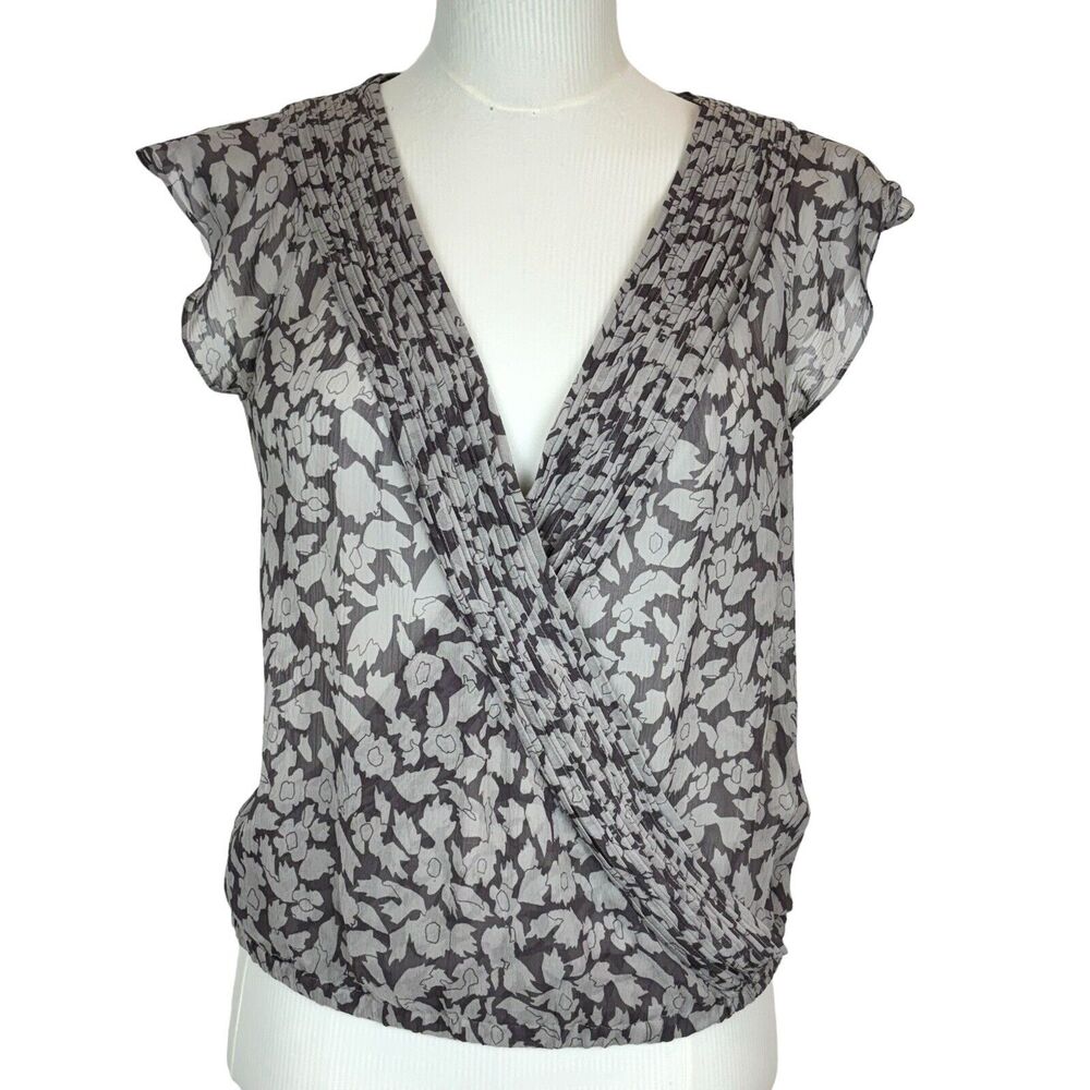 Club Monaco silk chiffon flutter sleeve blouse Gray Brown print sheer‎ Top Sz M